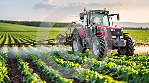 Sunset agricultural tractor infographic banner for food production and supply industry