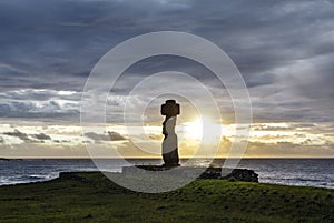 Sunset at Ahu Tahai, site with moai statues at Easter Island, Chile