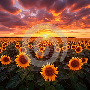 Sunset allure Sunflower field with dramatic sky, a worlds beauty