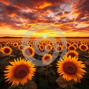 Sunset allure Sunflower field with dramatic sky, a worlds beauty
