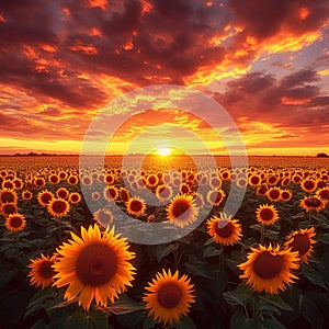 Sunset allure Sunflower field with dramatic sky, a worlds beauty