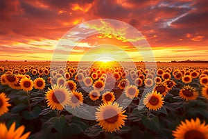 Sunset allure Sunflower field with dramatic sky, a worlds beauty