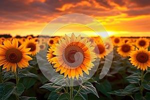 Sunset allure Sunflower field with dramatic sky, a worlds beauty