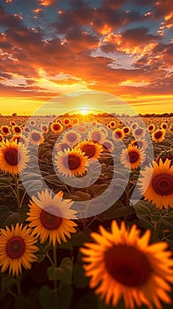 Sunset allure Sunflower field with dramatic sky, a worlds beauty