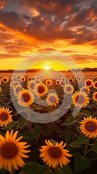 Sunset allure Sunflower field with dramatic sky, a worlds beauty