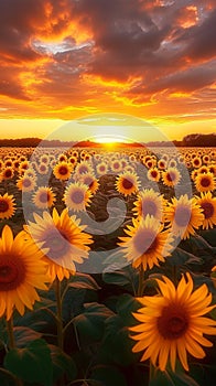 Sunset allure Sunflower field with dramatic sky, a worlds beauty