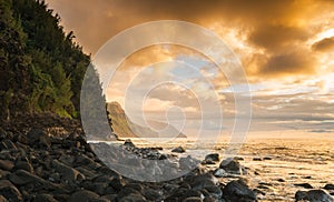 Sunset along Na Pali coast from Ke`e Beach