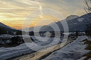 Sunset in the Alps with river in Austria.