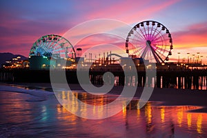 Sunset at the amusement park in San Francisco, California, USA, Santa Monica pier at sunset, AI Generated