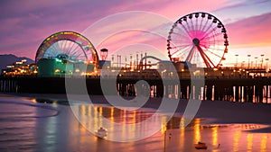 Sunset at the amusement park in San Francisco, California, USA, Santa Monica pier at sunset, AI Generated