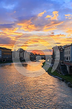 Sunset on the Arno River in Florence, Italy: in the background Ponte Vecchio.