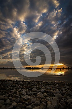 Sunset at the artificial reservoir Geeste, Germany.