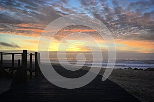 Sunset on the Atlantic Ocean beach near Porto, Portugal, January 2018