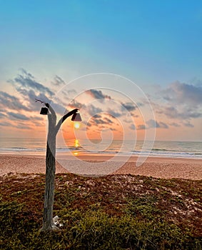 sunset background on horizon tropical sandy beach relaxing outdoors vacation.