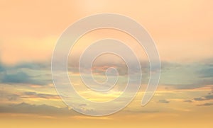 Sunset background,sun on blue  sky ,sunlight at sea, fluffy clouds on skyline ,nature pink yellow blue pastel color   nature