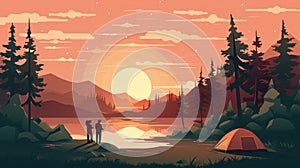 Romanticized Wilderness: Camp At Sunset Illustration With Two People And Tent photo