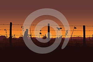 Sunset background vector. Silhouette of man on bicycle at sunset