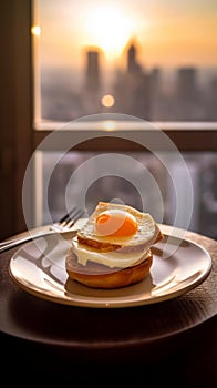 Sunset Bagel Delight on White Plate with Cityscape Background