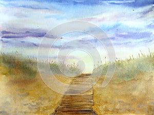 Sunset at the Baltic sea beach dunes. Watercolor hand painted landscape illustration