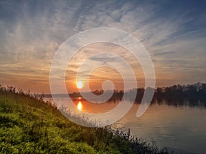 Sunset on the banks of the Sava River in Bosanski Brod, Bosnia and Herzegovina