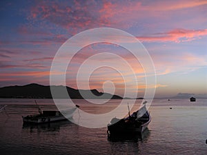 Sunset bay and Boats in the sea, Juan Griego Bay , Margarita island Venezuela