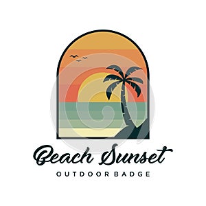 Sunset at beach badge logo design vector. Paradise island vector illustration