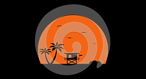 Sunset beach. Black silhouette on the sunset background. Vector illustration