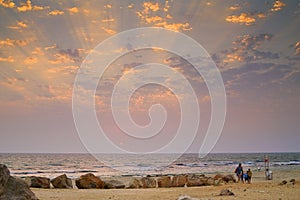 Sunset in the beach of Caesarea in the Mediteranean  sea