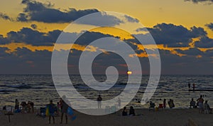 Sunset in the beach of Caesarea in the Mediterranean sea Israel