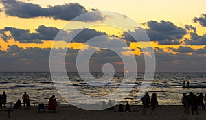 Sunset in the beach of Caesarea in the Mediterranean sea Israel