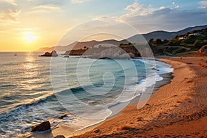 Sunset on the beach of Cala Figuera, Sardinia, Kaputas beach. People enjoy sun and sea at the beautiful turquoise sea and sandy