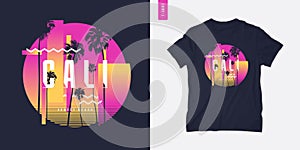 Sunset beach California graphic t-shirt design with palm tress, summer retro print, vector illustration photo