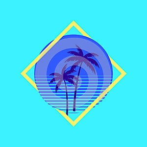 Sunset beach california retro icon. 90s Palm retro california circle gradient silhouette vintage 80s disco print hawai photo