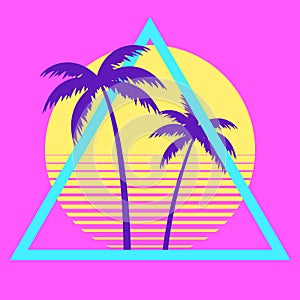 Sunset beach california retro icon. 90s Palm retro california circle gradient silhouette vintage 80s disco print hawai photo