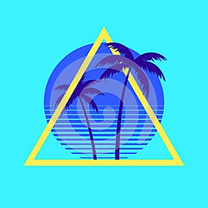 Sunset beach california retro icon. 90s Palm retro california circle gradient silhouette vintage 80s disco print hawai photo