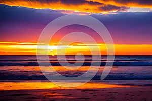 Sunset on the beach with calming waves an colorful skies generated by ai