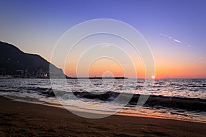 Sunset from a beach in Castellammare di Stabia and Mount Vesuvius and the Bay of Naples, Naples Napoli