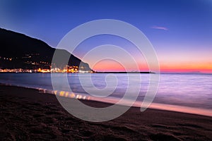 Sunset from a beach in Castellammare di Stabia and Mount Vesuvius and the Bay of Naples, Naples Napoli