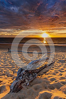 Sunset on the beach with a cloudy sky