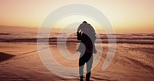 Sunset, beach and dad spinning child or silhouette of family bonding, hug or love and support from father in fun, game