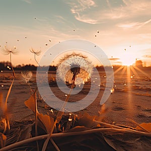 a sunset on a beach with dandelions