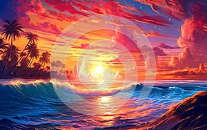 Sunset at the beach digital illustration style.