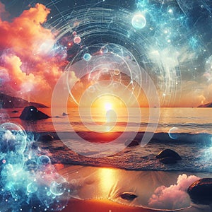 Sunset at a beach with digital overlays symbolizing data and AI networks