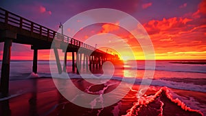 Sunset on the beach in Huntington Beach, Orange County, California, long tall pier at sunset, small waves rolling in, AI Generated