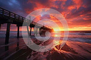 Sunset on the beach in Huntington Beach, Orange County, California, long tall pier at sunset, small waves rolling in, AI Generated