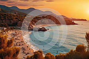 Sunset on the beach of Kefalonia, Greece, Kaputas beach. People enjoy sun and sea at the beautiful turquoise sea and sandy beach