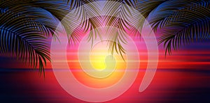 Sunset beach landscape with palm leaves from top. Exotic tropical island nature. Vevtor illustration.