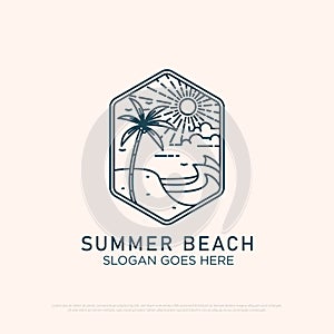 sunset Beach logo design with line art simple vector minimalist illustration template