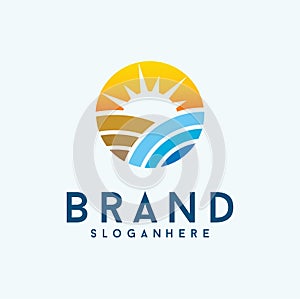 Sunset beach logo Landscape design illustration. summer Wave sun Logo Sign Design Icon. tropical And Sea Sun Logo Element Sunrise