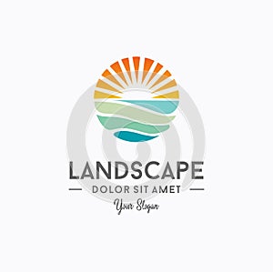 Sunset beach logo Landscape design illustration. summer Wave sun Logo Sign Design Icon. tropical And Sea Sun Logo Element Sunrise